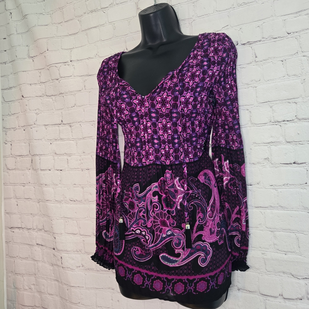 Melissa paige Paisley Crinkle‎ pleated Flowy Bottom Poet Blouse Boho Gypsy Indie